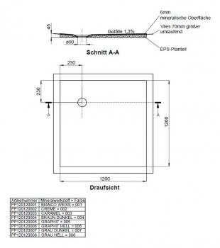 Schedel barriere freie Dusche - Duschboard - Duschwanne Mineraloberfläche 1200x1200 mm Ablaufposition 230/230 mm
